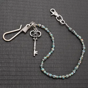 Vintage metal key pants chain wallet chain with colorful beads and retro key pendant.