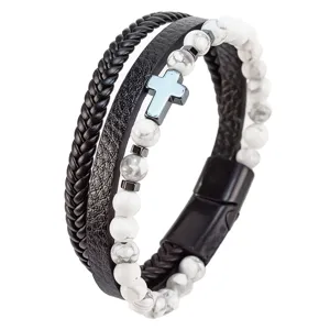 Pulsera de cuero negro para hombre, multicapa trenzada con cuentas de piedra blanca.