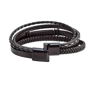 Pulsera de cuero negro trenzado de multiples capas para hombre con cierre magnetico metalico.