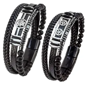 Pulsera de Cuero Trenzado Multicapa para Hombre Acero Inoxidable Aleación Hoja de Arce Engranaje Pez Pulsera de Abalorios Con Cierre Magnético Joyería
