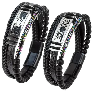 Vintage Punk Multi-Layer Braided Leather Bracelet Men Stainless Steel Spider EKG Skull Hamsa Charm Bracelet Magnetic Clasp