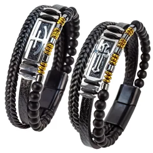 Pulsera de Cuero de Múltiples Capas Para Hombres Dijes de Saxofón Timón Cruz Flecha de Acero Inoxidable Cierre Magnético Joyería Punk Rock