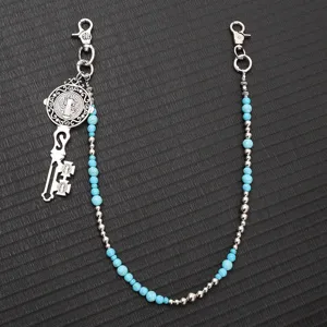 Punk Vintage Blue Turquoise Bead Trouser Chain Metal Wallet Chain With Cross Key Medal Pendant Hip Hop Streetwear Waist Chain For Men Women