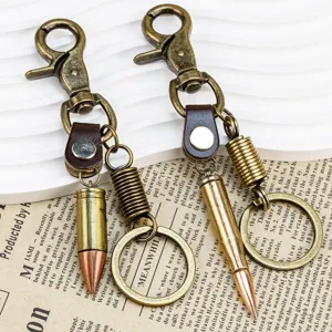 Vintage bullet shape keychain detail shot, retro brass metal craft pendant accessory.