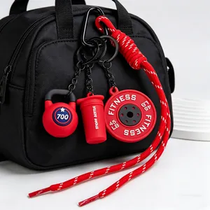 Fitness theme keychain set with mini kettlebell barbell plate bag pendant black bag