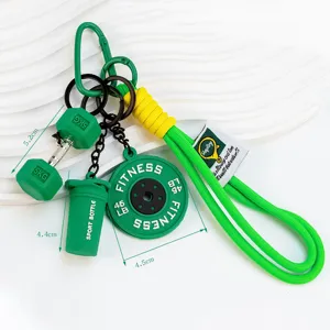 Mini fitness keychain with dumbbell shaker bottle and barbell plate pendants for bags.
