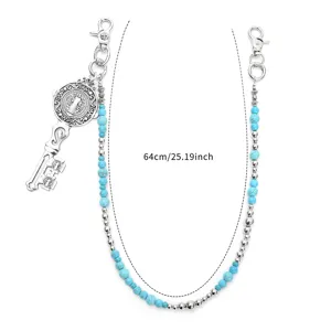 Punk turquoise bead pants chain wallet chain with cross key pendant for women stylish jeans jewelry