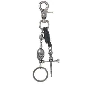 Vintage Punk Style Metal Skull Keychain With Gothic Dagger And Dice Charms Accessory