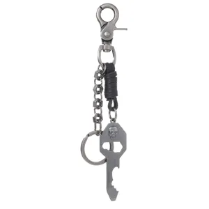 Vintage punk metal sleutelhanger met doodskop hanger, leren band en flesopener.