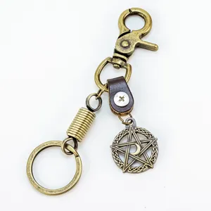 Retro Punk Zinc Alloy Cowhide Leather Keychain Star Moon Pendant Braided Cord Key Ring Bag Charm Gift Unisex Accessories