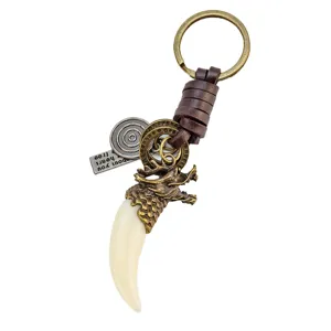 Chinese dragon keychain detail, metal dragon head pendant, genuine leather wrap key ring.