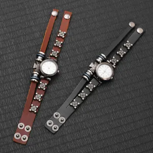 Montre bracelet quartz en cuir style punk vintage avec clous croisés en métal pour couples.