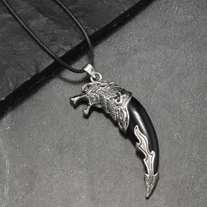 Vintage wolf tooth pendant necklace with black cord gothic punk retro style fashion jewelry accessory