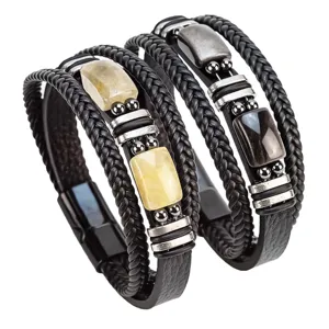 Brazalete Retro de Cuero Trenzado Multicapa para Hombre Con Piedra Ojo de Tigre Cierre Magnético Joyería de Mano de Aleación Geométrica para Regalo Diario