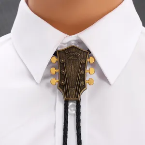 Vintage guitar bolo tie with PU leather rope necklace, perfect for country music festival style.