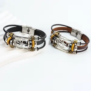 Pulsera de cuero auténtico multicapa con árbol de la vida y cierre de acero.