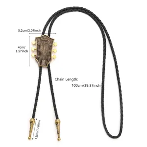 Vintage guitar head bolo tie with black braided PU leather cord for music festival and party.