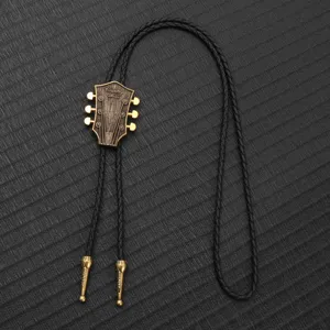 Vintage guitar bolo tie for men women, bronze headstock pendant with braided PU leather rope.