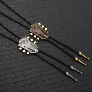 Vintage Western Cowboy Guitar Bolo Tie Polyurethane Leather Braided Cord Necklace Retro Hippie Music Festival Decorative Costume Pendant For Men Women