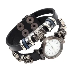 Montre Bracelet en Cuir de Vachette Vintage Punk pour Hommes Femmes Alliage de Zinc Croix Charm Rivet Bracelet Large Multicouche Montre à Quartz