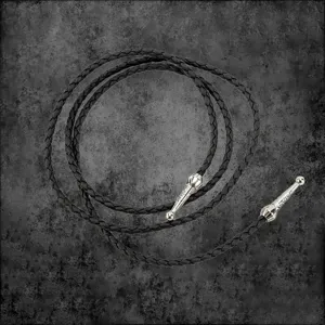 Black braided PU leather cord with silver metal tips for DIY bolo ties and necklaces.
