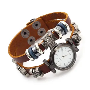 Montre bracelet en cuir vintage pour homme et femme style punk montre quartz bijoux tendance