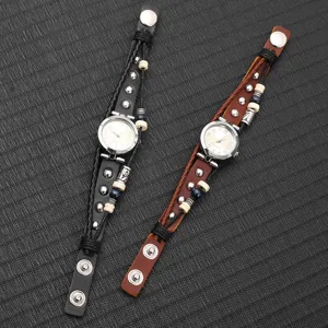 Reloj de cuarzo con correa de cuero trenzado multicapa vintage, estilo bohemio casual.