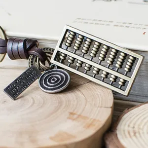 Vintage Chinesischer Abakus Legierung Schlüsselanhänger Echtleder Geflochtenes Seil Schlüsselring Retro Metall Gravierter Anhänger