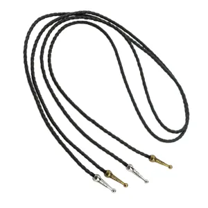 Black braided leather cord bolo tie rope DIY necklace string with vintage metal tips.