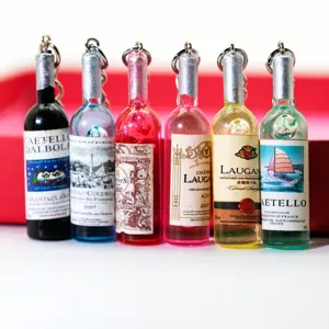 Mini wine bottle keychain charms set, cute miniature bottle pendant accessories for DIY crafts.