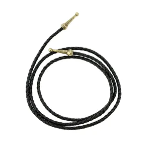 Black braided PU leather cord with antique bronze metal tips for DIY bolo tie and necklace making.