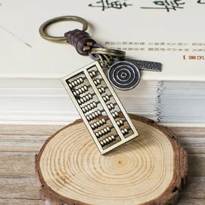 Retro Bronze Legierung Abacus Schlüsselanhänger mit Lederband Vintage Kultur Geschenk Anhänger