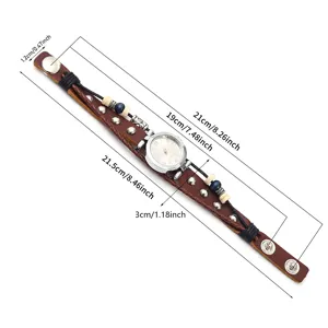 Reloj de cuarzo de cuero trenzado vintage con correa envolvente multicapa y abalorios de cuentas.