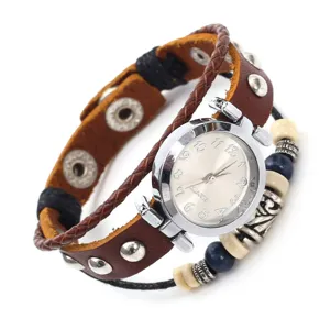 Reloj Pulsera de Cuero de Vaca Vintage para Hombres Mujeres Tejido a Mano Cuentas Multicapa Reloj de Cuarzo Punk Remaches Joyería