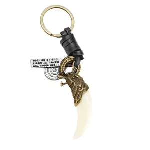 Llavero de colmillo de lobo punk retro cuerda de cuero trenzado colgante de bolso