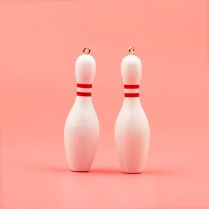 Miniature bowling pin charms key pendant set in white with red stripes for sports fans gifts.