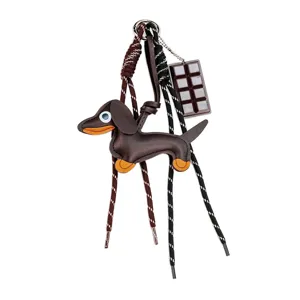 Cute dachshund dog leather keychain charm with chocolate pendant accessory details