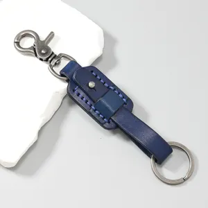 Portachiavi in vera pelle rétro da uomo, anello per chiavi auto in pelle bovina blu.