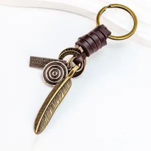 Vintage feather leather rope keychain antique bronze finish creative key ring bag charm gift