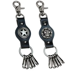 Porte-clés en Cuir de Vachette Vintage Punk Pendentif Étoile et Crâne en Alliage Chaîne Multi Anneaux Gothique Streetwear Charme de Sac Accessoires Porte-clés Voiture