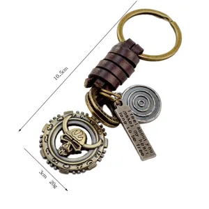 Vintage leather braided metal skull keychain pendant for keys, bags and clothing accessories.