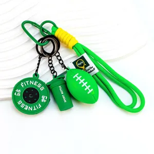 Green sports fitness keychain with rugby barbell and shaker bottle pendants for bags and keys.