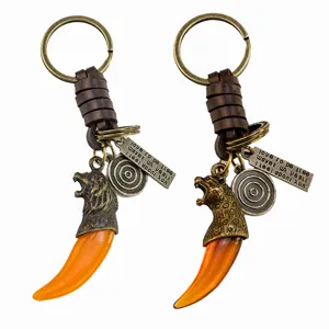 Retro Cowhide Leather Braided Cord Keychain Zinc Alloy Wolf Leopard Lion Head Pendant Faux Tooth Metal Keyring Men Women Clothing Accessories Bag Charm Gift