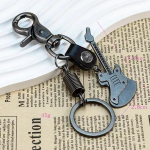 Retro gitaar sleutelhanger van legering metaal en leer vintage creatieve hanger voor tas sleutels