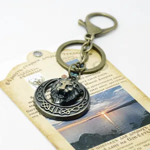 Antiker Messing Legierung Löwenkopf Schlüsselanhänger mit Karabiner und Anhänger Ring.