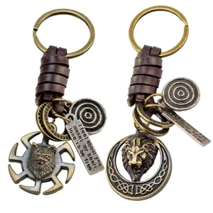Créatif Rétro Tête de Lion Loup Métal Engrenage Cuir de Vachette Corde Porte-clés Style Punk Hommes Femmes Porte-clés Pendentif de Sac Cadeau