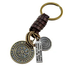 Creative Nordic rune Odin genuine leather keychain alloy windmill gear tag keyring ornament