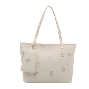 Cream white tote bag with silver glitter butterflies, large capacity shoulder handbag for women