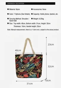 Canvas beach bag with ethnic leaf print, nylon material, top handle, lightweight and spacious.