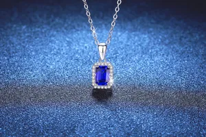 Elegant S925 sterling silver rectangular blue gemstone pendant necklace with brilliant sparkle.